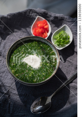 Traditional Russian lunch in a cafe. Top view of okroshka.  133656000