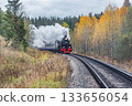 Steam retro train moves in the autumn forest. 133656054