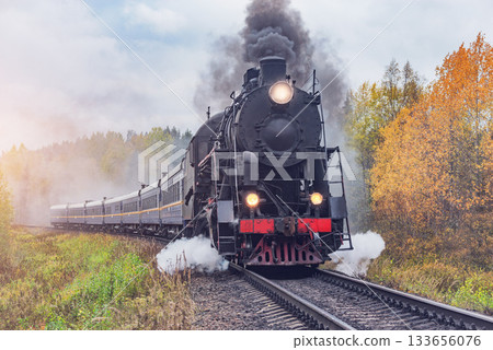 Steam retro train moves in the autumn forest. Steam retro train moves in the autumn forest. 133656076