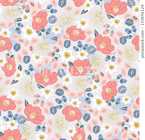 Winter Blooms Camellia, Plum Blossom, and Narcissus. Vector illustration of a seamless pattern Winter Blooms Camellia, Plum Blossom, and Narcissus. Vector illustration of a seamless pattern 133656129