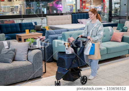 A Caucasian woman is shopping with her Jack Russell Terrier dog in a stroller in a shopping mall. A Caucasian woman is shopping with her Jack Russell Terrier dog in a stroller in a shopping mall. 133656312