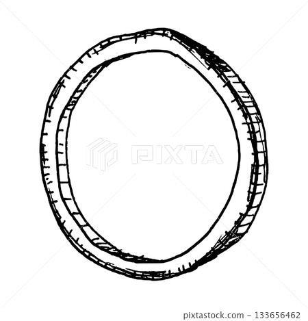 Black and white vector illustration of a single onion ring with textured outer layers. Detailed line work makes it suitable for ingredient sets, burger graphics, salad themes and pizza toppings 133656462