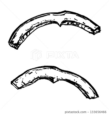 Black and white vector illustration of sliced pepper pieces with curved forms and textured edges. Clean line details, suitable for ingredient set, salad themes, spicy cuisine, recipe layouts and pizza Black and white vector illustration of sliced pepper pieces with curved forms and textured edges. Clean line details, suitable for ingredient set, salad themes, spicy cuisine, recipe layouts and pizza 133656466