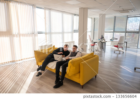 Two Caucasian men discussing work on a laptop while sitting on a sofa. Modern office. Two Caucasian men discussing work on a laptop while sitting on a sofa. Modern office. 133656604