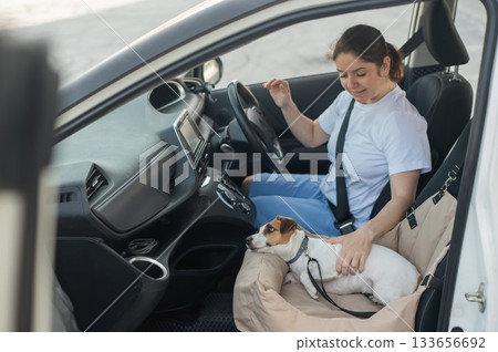 Caucasian woman travels by car with her dog. Jack Russell Terrier in a special car seat.  133656692
