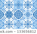 Decorative material. Texture of ceramic tiles with geometric patterns in blue color. English style. Building materials. Design mockup and background. 133656812