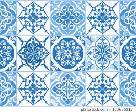 Decorative material. Texture of ceramic tiles with geometric patterns in blue color. English style. Building materials. Design mockup and background. 133656812