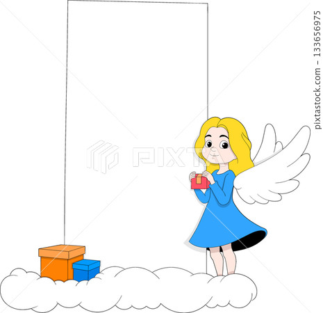 Cute Christmas Angel Girl with Gift Standing on Cloud Beside Large Blank Space for Holiday Messages and Greeting Designs Cute Christmas Angel Girl with Gift Standing on Cloud Beside Large Blank Space for Holiday Messages and Greeting Designs 133656975