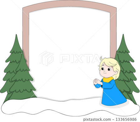 Winter Snow Frame with Cute Child in Blue Coat Standing Near Pine Trees and Large Blank Space for Holiday Messages and Seasonal Designs Winter Snow Frame with Cute Child in Blue Coat Standing Near Pine Trees and Large Blank Space for Holiday Messages and Seasonal Designs 133656986