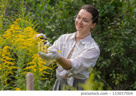 Young Caucasian woman trimming bushes.  133657004