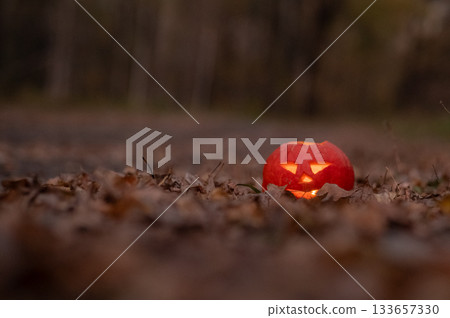 Jack o'Latern Halloween in the Woods. Halloween Decoration.  133657330