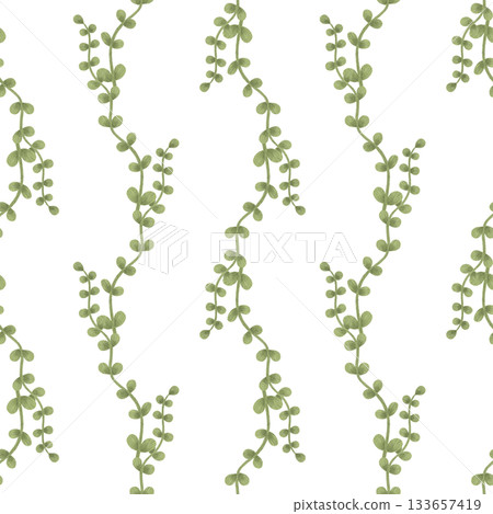 Seamless pattern: green branches, leaves, twigs, grass in pastel colors. Hand-drawn watercolor illustration in a flat, naive style. Element for design: textile, packaging 133657419