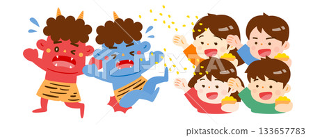 節分時拋豆子的插圖:二月裡可愛的孩子們在戶外驅魔,畫面中有惡魔出沒。 節分時拋豆子的插圖:二月裡可愛的孩子們在戶外驅魔,畫面中有惡魔出沒。 133657783