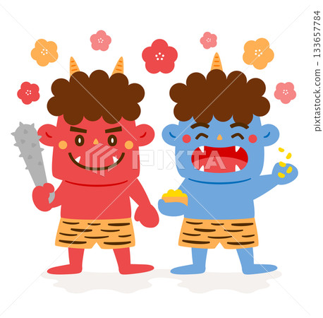 節分插畫:可愛的紅藍笑容惡魔(鬼與鬼怪)-節分主題的鬼怪角色 節分插畫:可愛的紅藍笑容惡魔(鬼與鬼怪)-節分主題的鬼怪角色 133657784