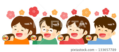 可愛的插畫，描繪了二月節分期間，一家人（父母和孩子）在享用惠方卷時臉上洋溢的笑容。 133657789