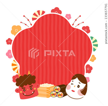 A Japanese-style frame background with a Setsubun ehomaki sushi roll decorated with plum blossoms, demons, and otafuku A Japanese-style frame background with a Setsubun ehomaki sushi roll decorated with plum blossoms, demons, and otafuku 133657791