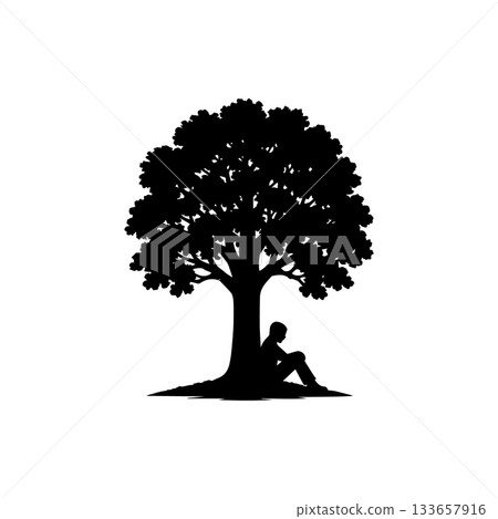 person sitting under tree silhouette isolated on white background relaxation nature concept 133657916