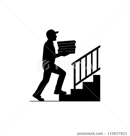 pizza delivery man carrying boxes silhouette isolated on white background 133657923