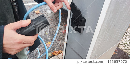 Human hand connecting an electric vehicle charging cable to a public charging station. Concept: electric vehicle infrastructure, clean energy, charging technology, eco-friendly transport. 133657970