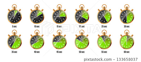 Realistic classic stopwatch. Shiny golden metal chronometer, time counter with dial. Green countdown timer showing minutes and seconds. Time measurement for sport, start, finish. Vector illustration 133658037