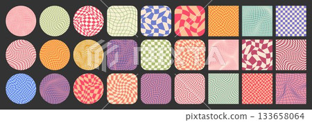 Groovy checkered pattern, colorful tiled grid. Vintage wavy curved backdrop, distortion effect. Funky geometric chessboard texture, retro background in 90s style, y2k. Vector illustration 133658064