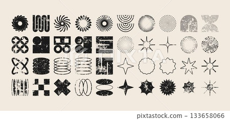 Brutalist geometric shapes, modern grunge symbols. Simple primitive elements and forms, distressed details. Retro design, aged, vintage, trendy contemporary minimalist style, y2k. Vector illustration Brutalist geometric shapes, modern grunge symbols. Simple primitive elements and forms, distressed details. Retro design, aged, vintage, trendy contemporary minimalist style, y2k. Vector illustration 133658066