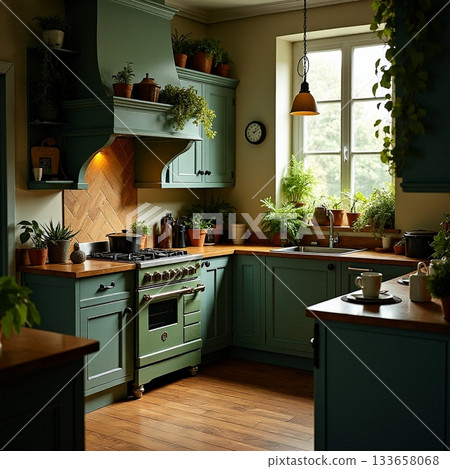 Charming kitchen filled with green plants and warm light Generative AI 133658068
