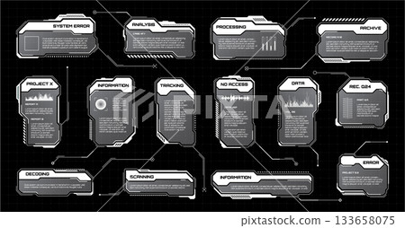 White futuristic HUD, UI elements. Sci-fi user interface text boxes, callouts. Warning message frames, information boxes template. Modern game interface layout in digital style. Vector illustration 133658075
