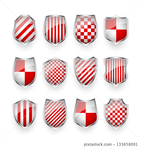 Glossy shields with red and black white. Security and protection concept. Cyber safety icons, internet privacy, web defense, digital data protection and antivirus themes. Vector illustration 133658091