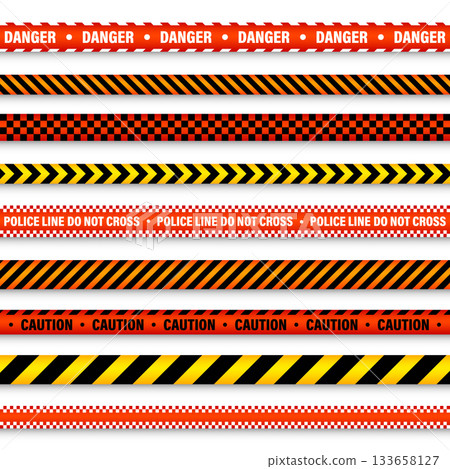 Barricade construction tape. Colorful police warning line, brightly colored danger or hazard stripe, ribbon. Restricted area, zone. Attention symbol. Vector illustration 133658127