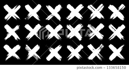 Grunge crosses, brush strokes, x mark, lines, ink smudges, hand-drawn scribble shapes. Handmade sketchy marks, acrylic stains, charcoal streaks. Paint textures, dry brush effect. Vector illustration 133658150