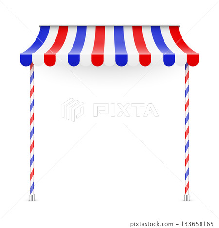 Shop sunshade. Realistic striped cafe awning. Outdoor market tent. Roof canopy. Summer street store. Vector illustration. 133658165