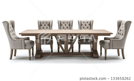 A wooden dining table with six chairs around it 133658262