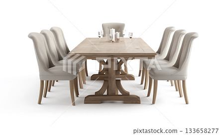 A wooden dining table with eight chairs around it 133658277