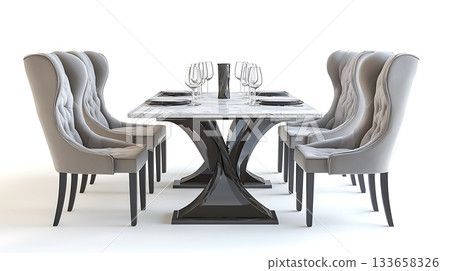 A white and black table with a white tablecloth and a black table runner A white and black table with a white tablecloth and a black table runner 133658326