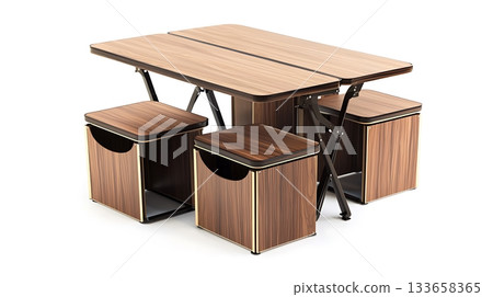 A wooden table with four chairs and four wooden boxes 133658365