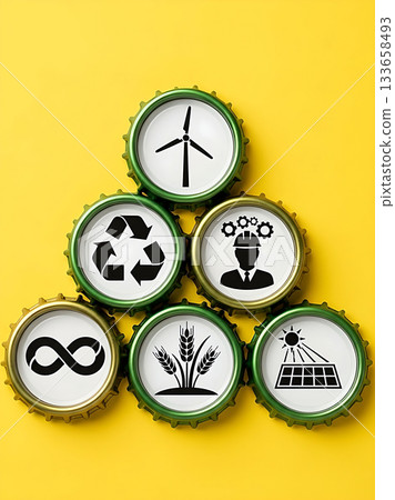 Sustainable development concept with renewable energy and recycling symbols 133658493