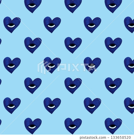 Whimsical watercolor seamless pattern featuring charming blue hearts with expressive eyes, all playfully scattered across a soft blue background. 133658520