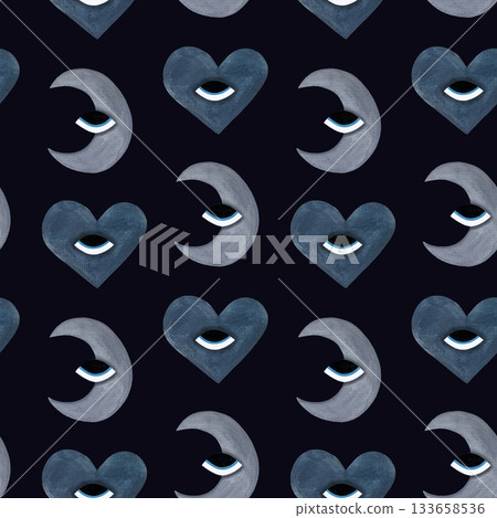 Whimsical watercolor seamless pattern with stylized gray crescent moons and charming blue hearts with eyes, all set on a dark background. 133658536