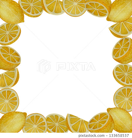 Vibrant watercolor square frame, beautifully composed of various yellow lemon fruits and slices, elegantly set against a crisp white background. 133658537