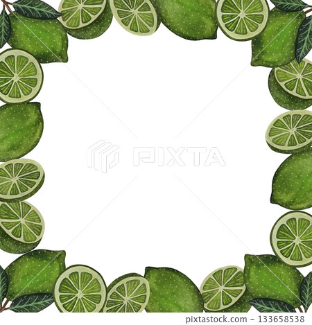 Vibrant watercolor square frame, beautifully composed of various green lime fruits and slices, elegantly set against a crisp white background. Vibrant watercolor square frame, beautifully composed of various green lime fruits and slices, elegantly set against a crisp white background. 133658538