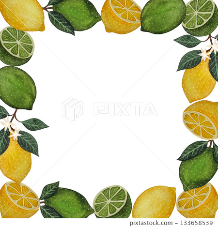 Vibrant watercolor square frame with yellow lemons, green limes, and slices on a crisp white background. 133658539