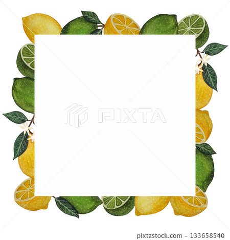 Vibrant watercolor square frame with yellow lemons, green limes, and slices on a crisp white background. Vibrant watercolor square frame with yellow lemons, green limes, and slices on a crisp white background. 133658540