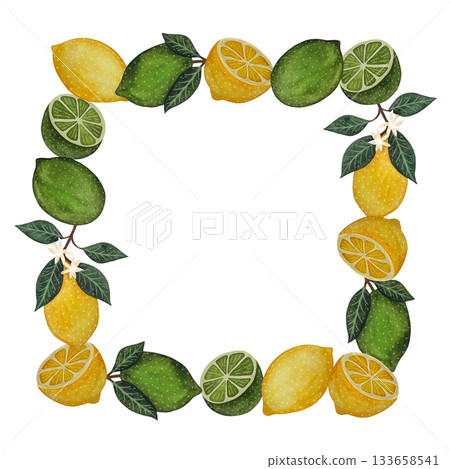 Vibrant watercolor square frame with yellow lemons, green limes, and slices on a crisp white background. Vibrant watercolor square frame with yellow lemons, green limes, and slices on a crisp white background. 133658541