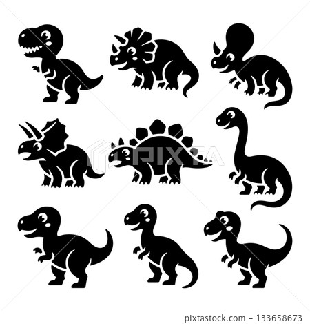 Cute dinosaur silhouettes in various poses and shapes for children s art and design projects 133658673