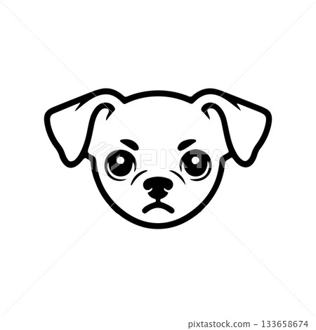 Cute dog face illustration with big eyes and unique expression in simple black and white design 133658674