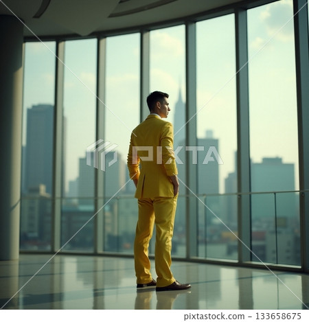 Stylish man enjoying the city view in a modern building Generative AI 133658675