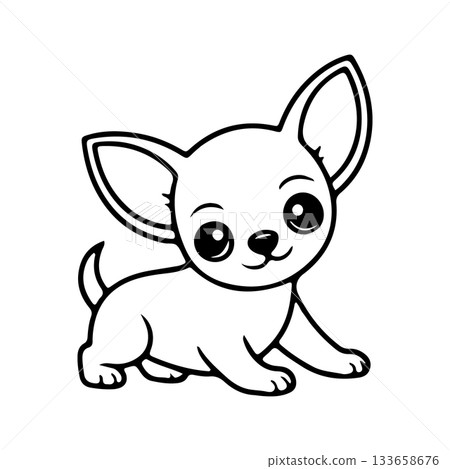 Cute chihuahua puppy playing on a white background, showcasing its cheerful and lively personality 133658676
