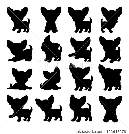 Different poses of playful chihuahuas showcased in black silhouette style against a white background Different poses of playful chihuahuas showcased in black silhouette style against a white background 133658678