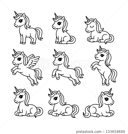 Playful and whimsical unicorn illustrations in various poses on a simple white background Playful and whimsical unicorn illustrations in various poses on a simple white background 133658680